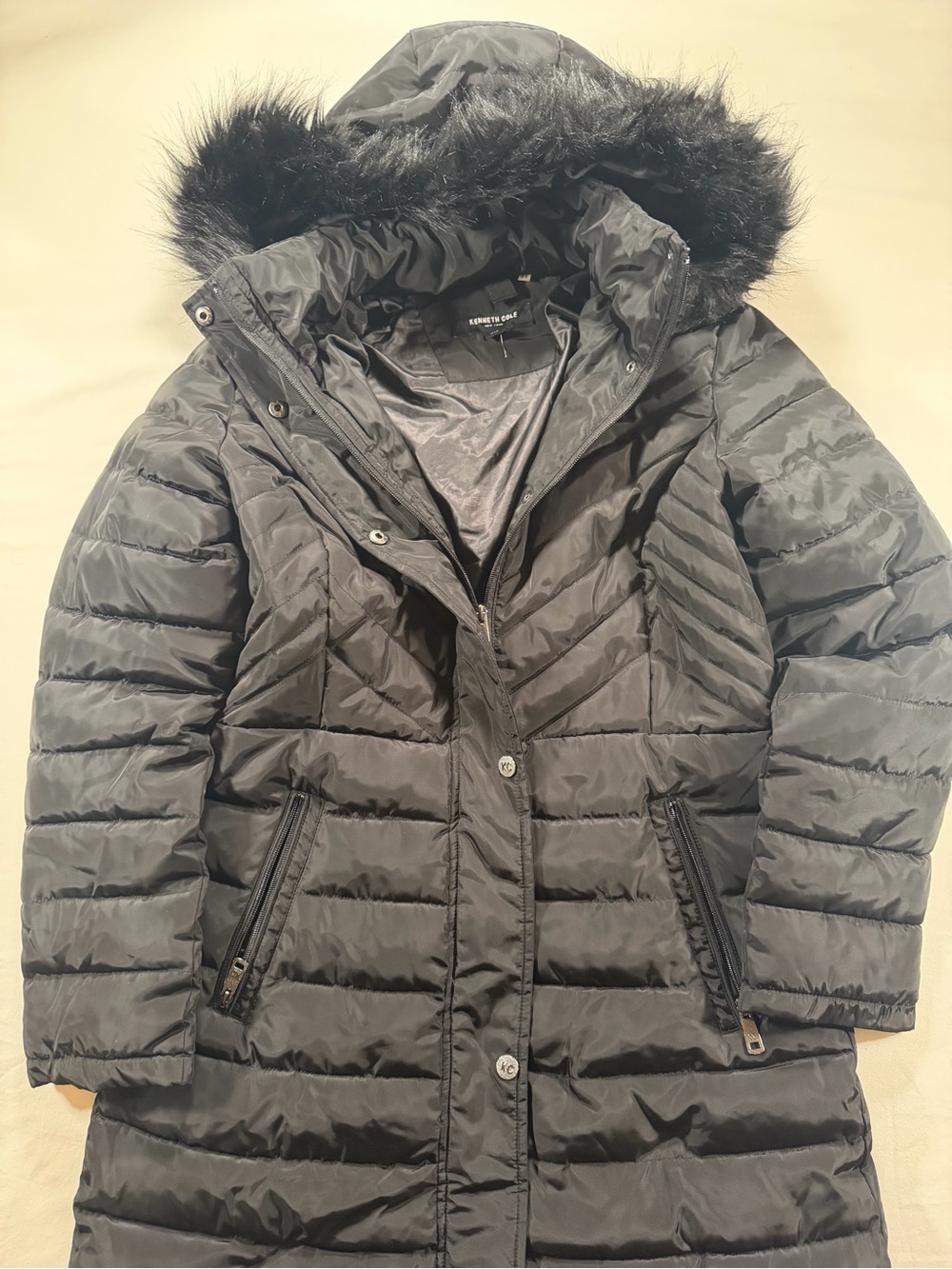 Kenneth Cole New York Black Quilted Hooded Puffer with Faux-Fur Trim